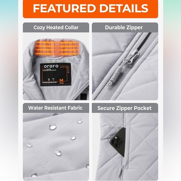 ORORO Quilted Heated Best Grey Medium Water Resistant Zip Front/Pockets NWT - Picture 15 of 17